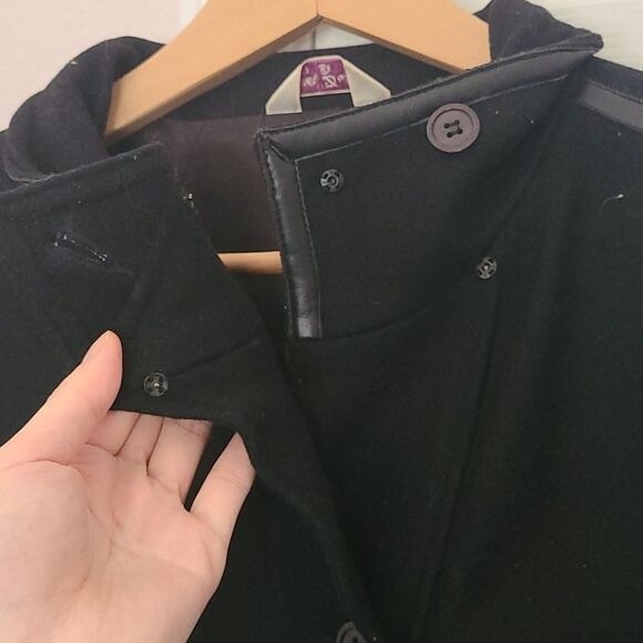 Black Collared Peacoat Longline Coat Button Detailing on Sleeves - Picture 3 of 5